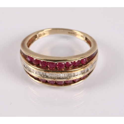 60 - 9ct gold ring set with diamonds and rubies, ring size L, 3g