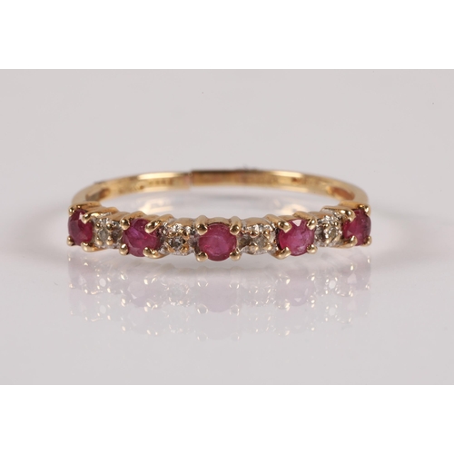 62 - 9ct gold ring set with alternating diamonds and rubies, ring size P, 1.2g