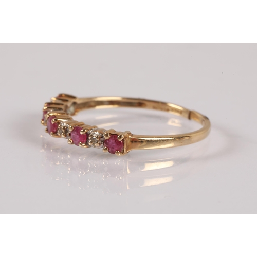 62 - 9ct gold ring set with alternating diamonds and rubies, ring size P, 1.2g