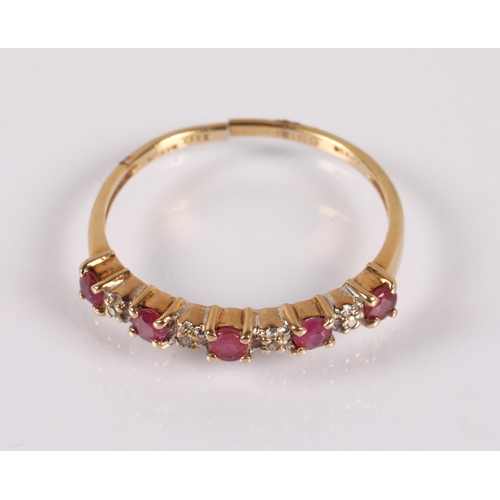 62 - 9ct gold ring set with alternating diamonds and rubies, ring size P, 1.2g