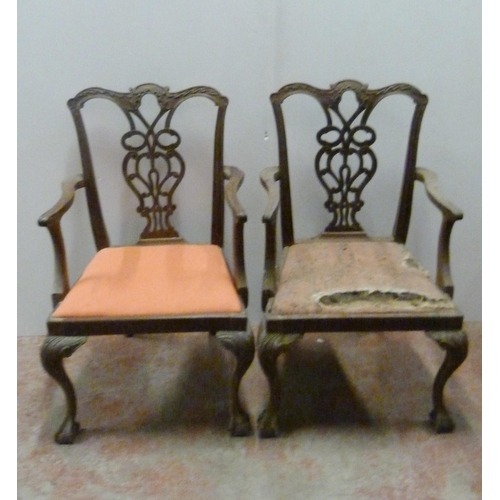 528 - Pair of late Victorian Chippendale revival carver chairs, each with curved rail and pierced splat ba... 