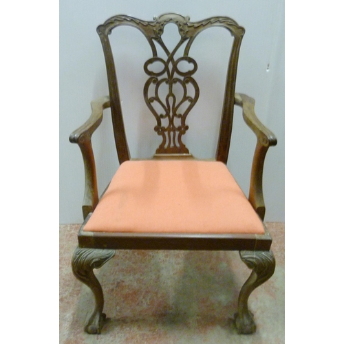 528 - Pair of late Victorian Chippendale revival carver chairs, each with curved rail and pierced splat ba... 