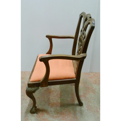 528 - Pair of late Victorian Chippendale revival carver chairs, each with curved rail and pierced splat ba... 