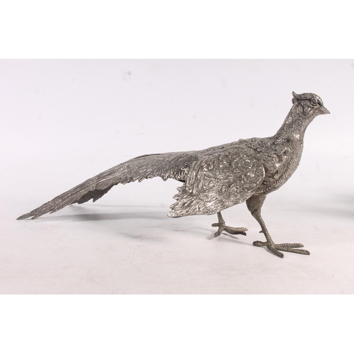 28 - Pair of polished pewter pheasant models, 38cm long.