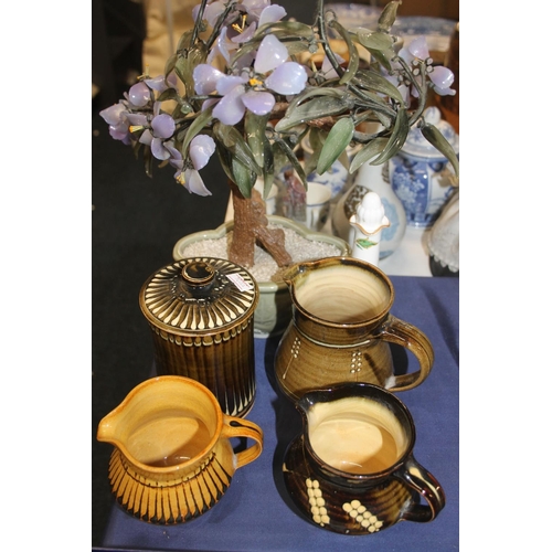 36 - Coldstone Studio Pottery jugs, oriental cast resin flowers, an Aynsley plate, etc.