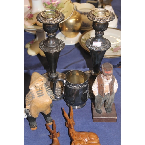 45 - Pair of silver-plated candlesticks, Black Forest style carved figurines, etc.