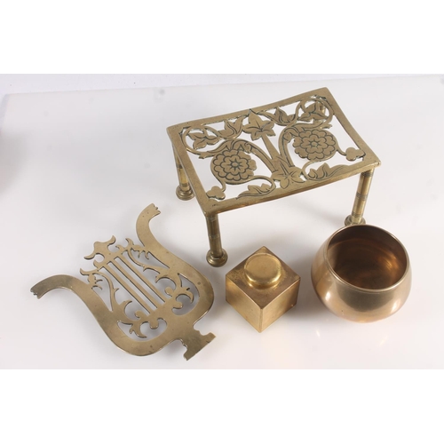 50 - Chinese engraved brass teapot, a Chinese metal vessel and a cast brass inkwell.