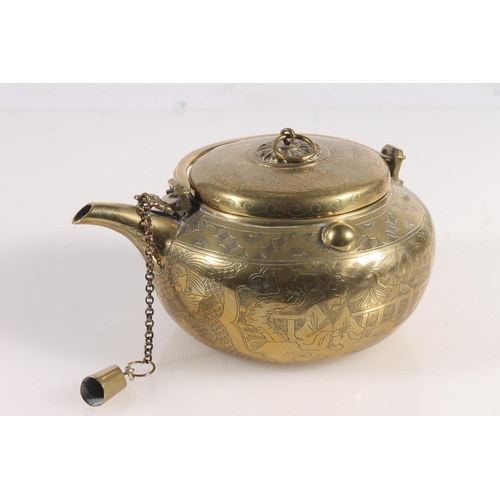 50 - Chinese engraved brass teapot, a Chinese metal vessel and a cast brass inkwell.