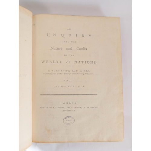 50 - SMITH ADAM.  An Inquiry into the Nature and Causes of the Wealth of Nations. 2 vols. Half title to V... 