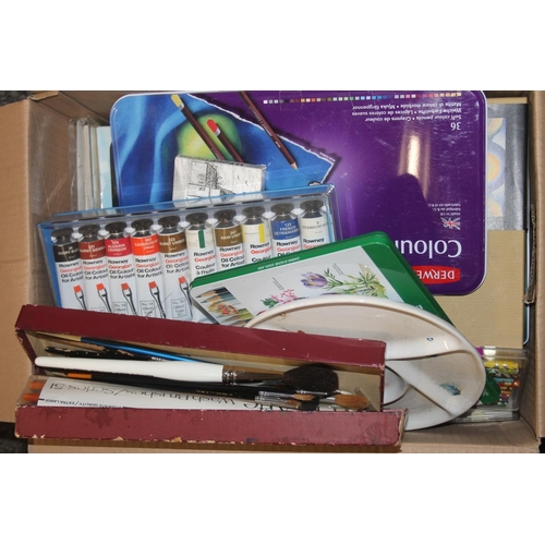 410 - Box containing artists materials to include paint brushes, paints, pencil sets, etc.