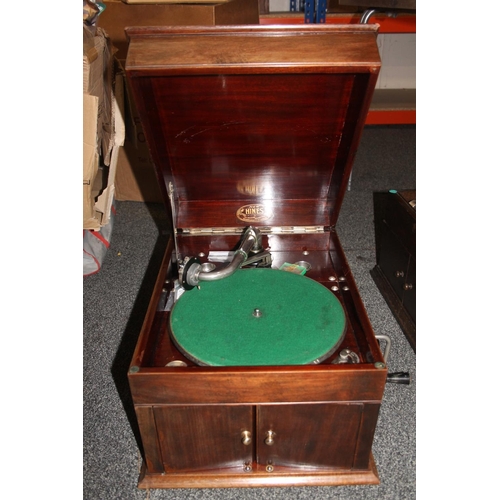 413 - Hines mahogany cased wind up gramophone.