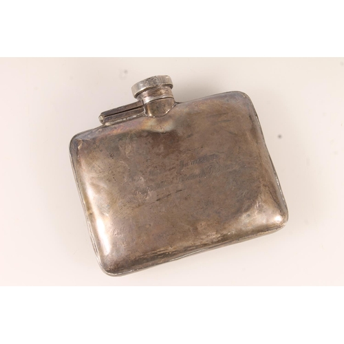 515 - Early 20th century white metal hip flask, well rubbed, ghost presentation inscription, no visible ha... 