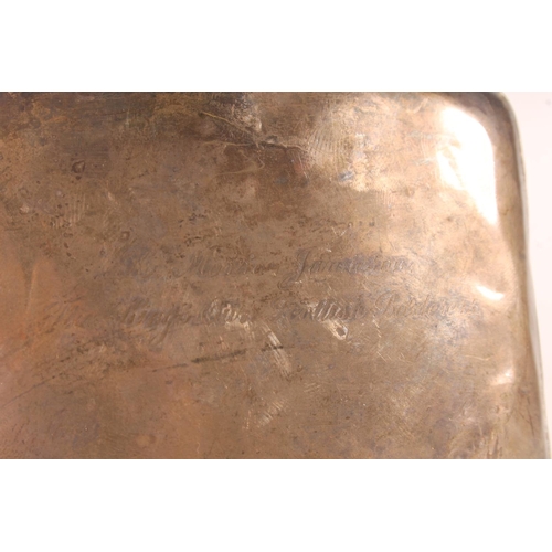 515 - Early 20th century white metal hip flask, well rubbed, ghost presentation inscription, no visible ha... 