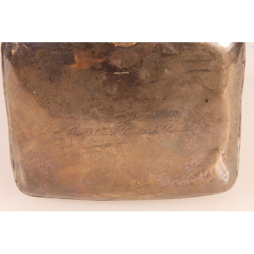 515 - Early 20th century white metal hip flask, well rubbed, ghost presentation inscription, no visible ha... 