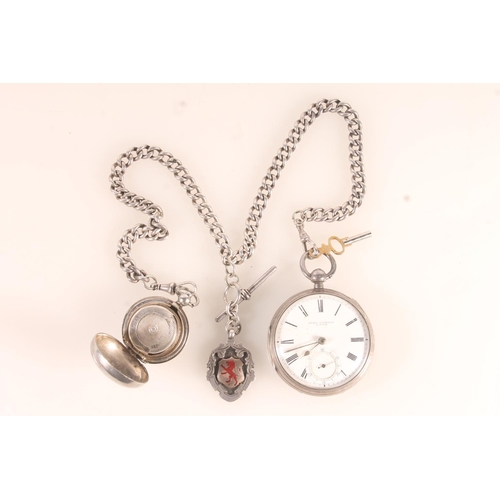 529 - John Forrest of London, a silver open faced pocket watch on a graduated curb link chain with silver ... 