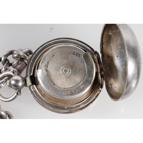 529 - John Forrest of London, a silver open faced pocket watch on a graduated curb link chain with silver ... 