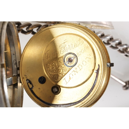 529 - John Forrest of London, a silver open faced pocket watch on a graduated curb link chain with silver ... 