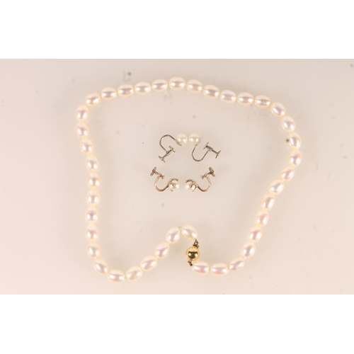 659 - Single strand pearl necklace with 9ct gold closure, a pair of 9ct gold mounted ear clips and another... 