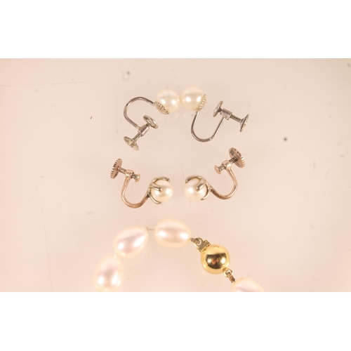 659 - Single strand pearl necklace with 9ct gold closure, a pair of 9ct gold mounted ear clips and another... 