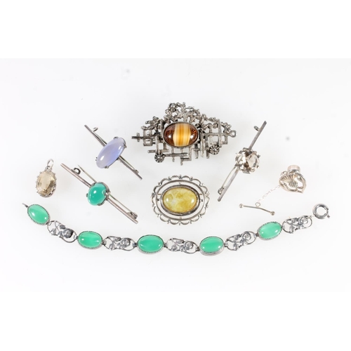 660 - Silver and green stone bracelet, a similar bar brooch, Scottish silver and agate brooch etc.