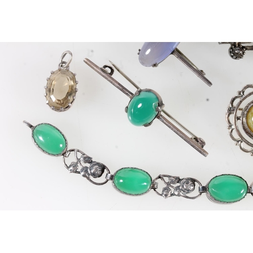 660 - Silver and green stone bracelet, a similar bar brooch, Scottish silver and agate brooch etc.