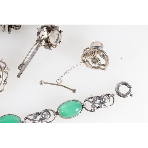 660 - Silver and green stone bracelet, a similar bar brooch, Scottish silver and agate brooch etc.