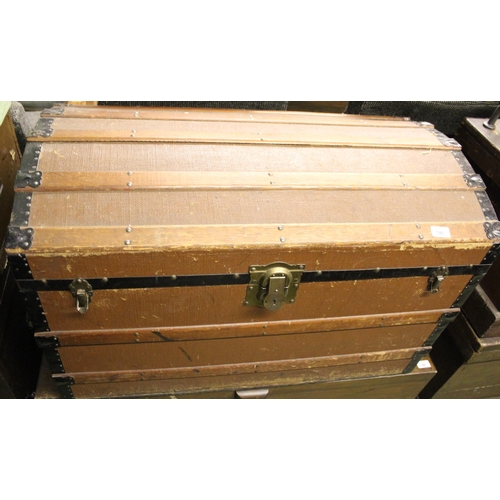 745 - Metal and wood bound top trunk, 90cm wide.