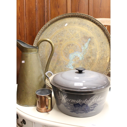 754 - Le Cruet large enamel casserole dish, copper grain measure, brass jug and a brass tray.