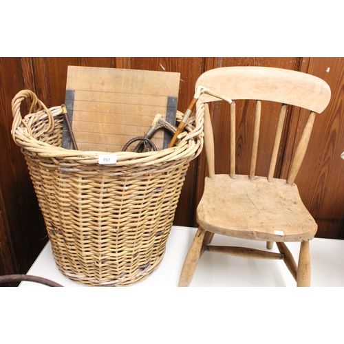 757 - Large wicker twin handled basket, childs, chair, riding crops, etc.