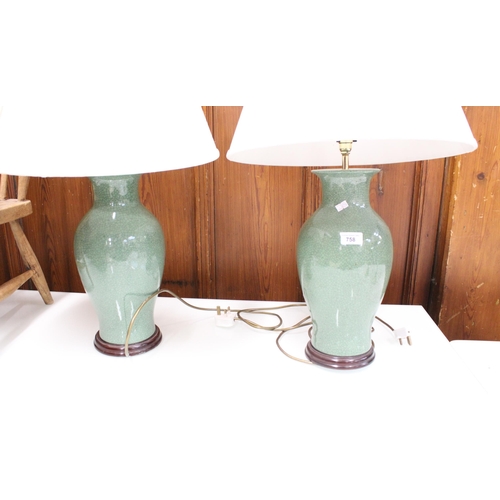 758 - Pair of reproduction Chinese style crackle glazed table lamps.