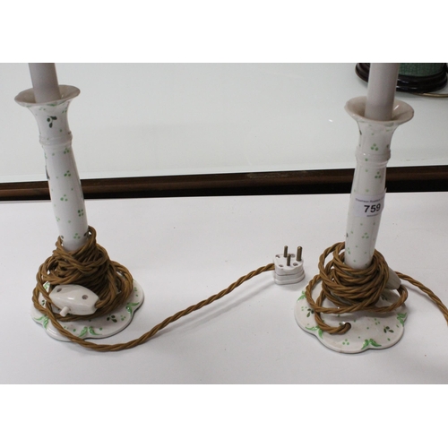 759 - Pair of porcelain candlesticks converted into table lamps.