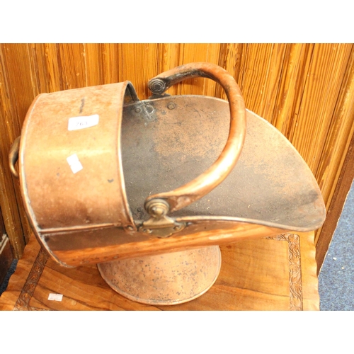 763 - Copper swing handled coal helmet.