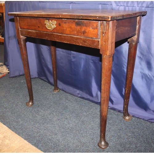 750 - Antique mahogany hall table with single frieze drawer raised on pad feet, 76cm wide.