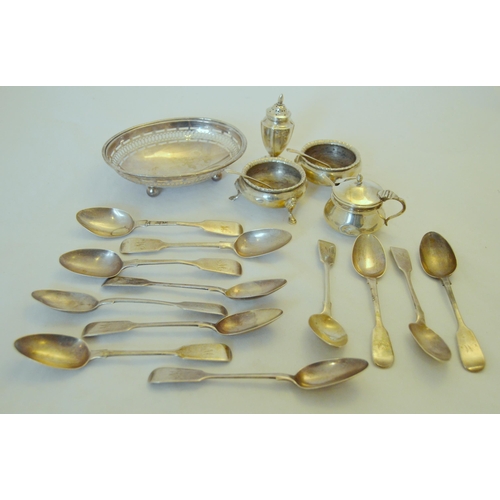 70 - Twelve silver teaspoons, a pair of silver salts, 1911, three silver condiments and an oval bowl, 518... 