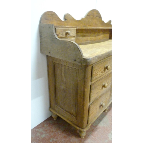 529 - Victorian scumbled pine dresser, the shaped gallery with short drawers above further short drawers a... 