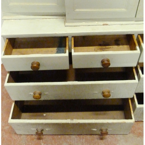 530 - Victorian painted pine breakfront housekeeper's cupboard, with four large doors to the top section e... 
