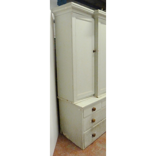 530 - Victorian painted pine breakfront housekeeper's cupboard, with four large doors to the top section e... 