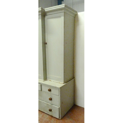 530 - Victorian painted pine breakfront housekeeper's cupboard, with four large doors to the top section e... 