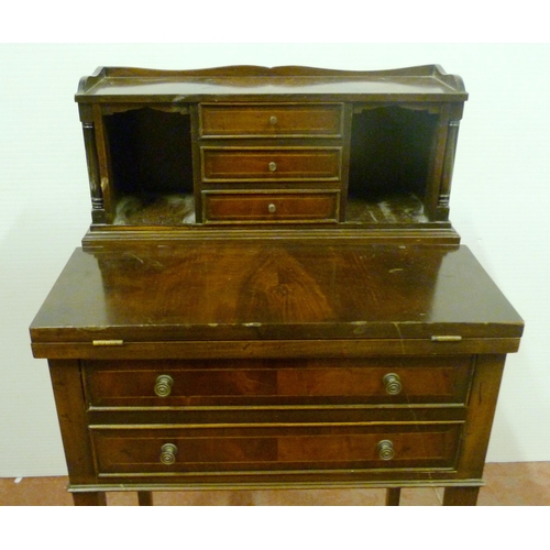 532 - Reproduction bonheur du jour, the superstructure top with three short drawers and pigeonholes, fold-... 