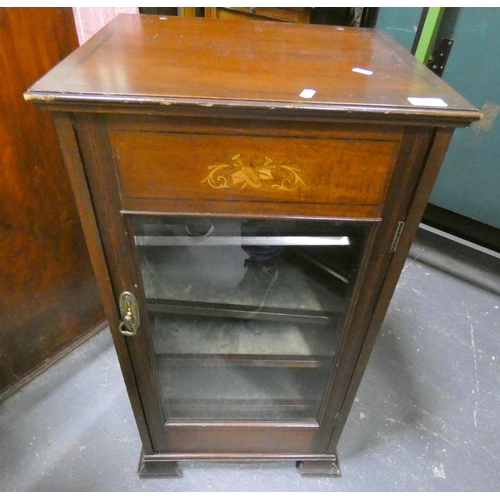 412 - Edwardian mahogany music cabinet also Kendal studio table lamp and two others. (4)