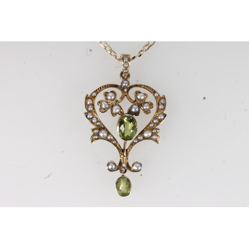 140 - Gold Victorian seed pearl and peridot set pendant on 9ct gold flattened curb link necklace, 5.6g.