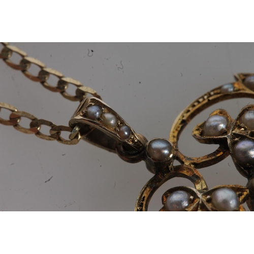 140 - Gold Victorian seed pearl and peridot set pendant on 9ct gold flattened curb link necklace, 5.6g.