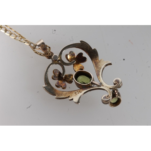 140 - Gold Victorian seed pearl and peridot set pendant on 9ct gold flattened curb link necklace, 5.6g.