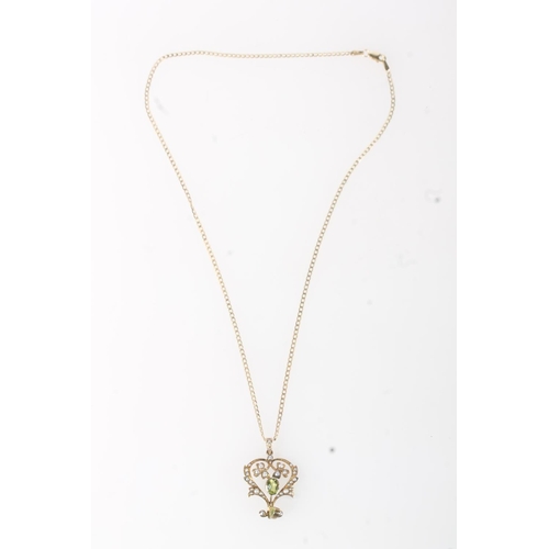 140 - Gold Victorian seed pearl and peridot set pendant on 9ct gold flattened curb link necklace, 5.6g.