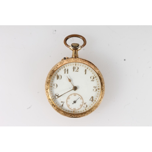 208 - 18K gold continental ladies open faced pocket watch, the white enamelled dial with gold coloured Ara... 