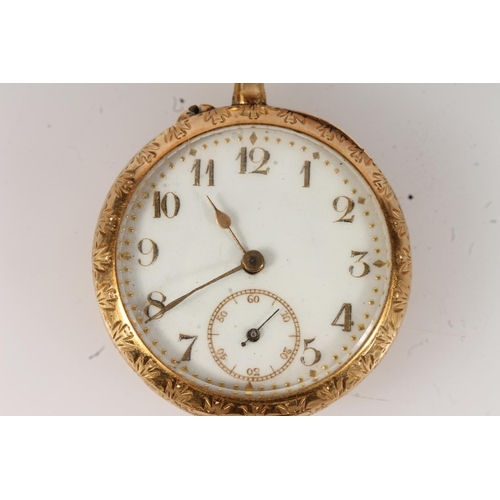 208 - 18K gold continental ladies open faced pocket watch, the white enamelled dial with gold coloured Ara... 