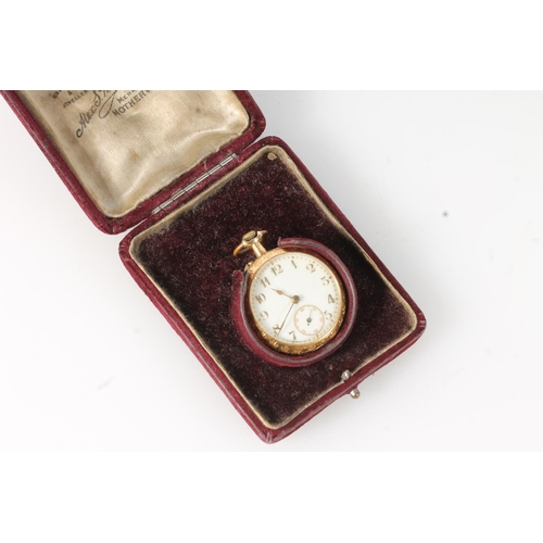 208 - 18K gold continental ladies open faced pocket watch, the white enamelled dial with gold coloured Ara... 