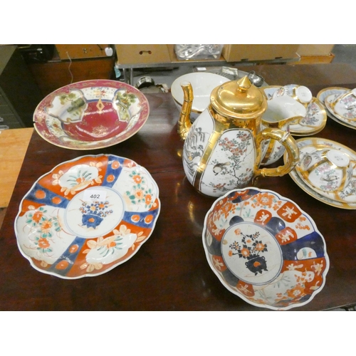 402 - Antique Japanese tea set, Imari bowl, plate and a  Noritake bowl.