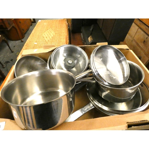 425 - Box of modern saucepans.