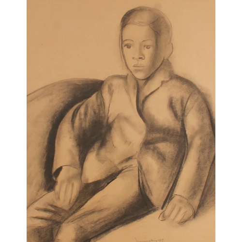 224 - Manner of BERNARD MENINSKY (British 1891-1950) Portrait of a seated boy Charcoal drawing, signed and... 